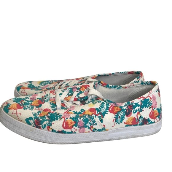 Canvas Lace-Up Sneakers Pink Flamingo Green Tropical Beach Flats Shoes Size 10 - Picture 5 of 11